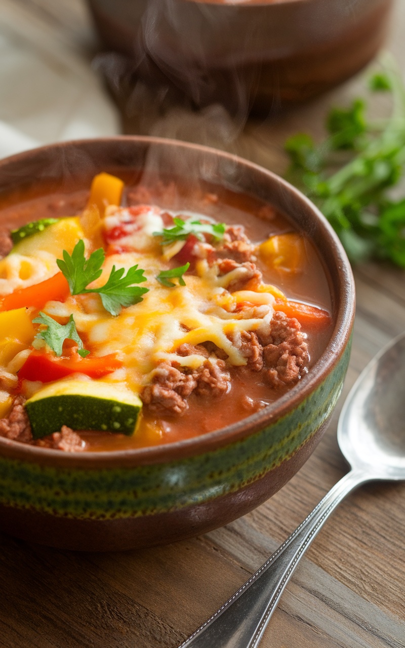 Hearty Keto Ground Beef Soup Recipe A bowl of keto ground beef soup with zucchini, bell peppers, and cheese, garnished with parsley on a wooden table.